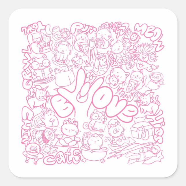 Pegatina Cuadrada Patten de gato con signo ASL ILY - Diseño ASL (Anverso)