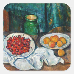 Pegatina Cuadrada Paul Cezanne - Bodegón con cerezas y melocotones