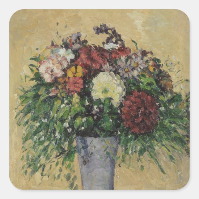Pegatina Cuadrada Paul Cezanne | Bouquet de flores en una vasija, c. (Anverso)