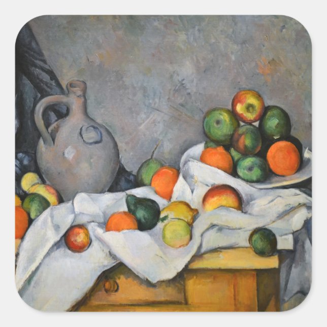 Pegatina Cuadrada Paul Cezanne - Curtain, Jug and Fruit Bowl (Anverso)