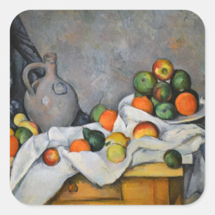 Pegatina Cuadrada Paul Cezanne - Curtain, Jug and Fruit Bowl