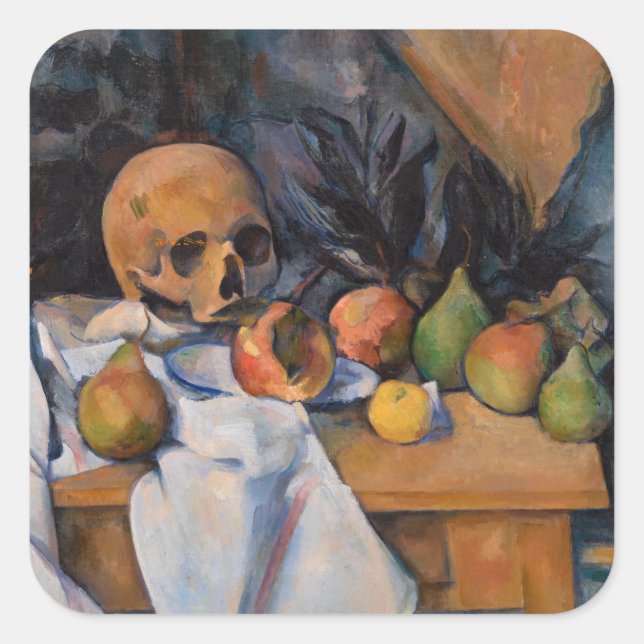Pegatina Cuadrada Paul Cezanne - Todavía la vida con Skull (Anverso)