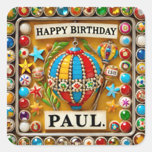 Pegatina Cuadrada PAUL ~ FELIZ CUMPLEAÑOS ~ Globo de aire caliente ~