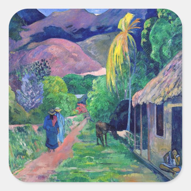Pegatina Cuadrada Paul Gauguin - Calle en Tahití (Anverso)