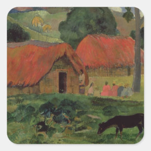 Pegatina Cuadrada Paul Gauguin   Las Tres Casas, Tahiti, 1891-92 (oi