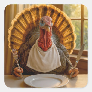 Pegatina Cuadrada Pavo de Acción de Gracias con Cuchillo y Tenedor