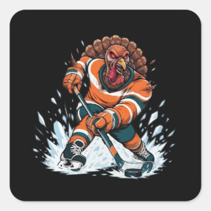 Pegatina Cuadrada Pavo De Acción De Gracias De Hockey Agresivo