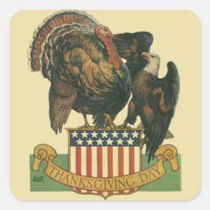Pegatina Cuadrada Pavo de Acción de Gracias Vintage, Águila, Bandera