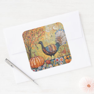 Pegatina Cuadrada Pavo de Otoño Luna Creciente Mística