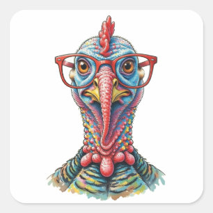 Pegatina Cuadrada Pavo Divertido con Gafas Caricatura Divertida