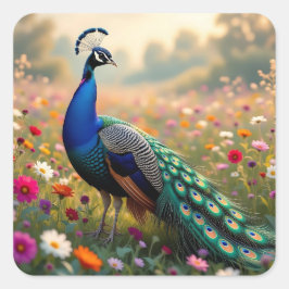 Pegatina Cuadrada Pavo real azul bonito y turquesa  