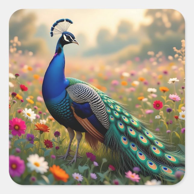 Pegatina Cuadrada Pavo real azul bonito y turquesa   (Anverso)