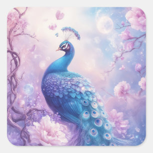 Pegatina Cuadrada Pavo Real Azul en Mágico Jardín de Lavanda Ilumina