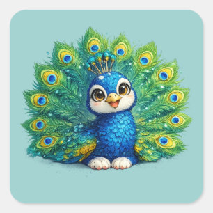 Pegatina Cuadrada Pavo real lindo con ojos grandes diseño de pájaro 