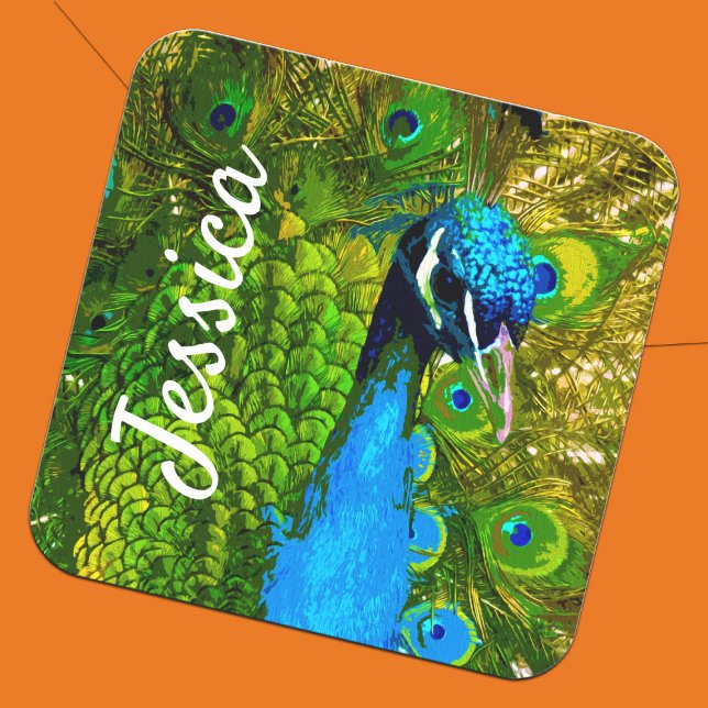 Pegatina Cuadrada Pavo Real Vibrante + Pestañas Verdes Azules Lumino (Bright Peacock bird exotic animal personalized sticker)
