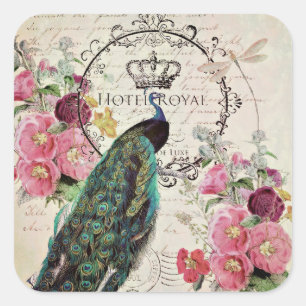 Pegatina Cuadrada Pavo y flores de primavera
