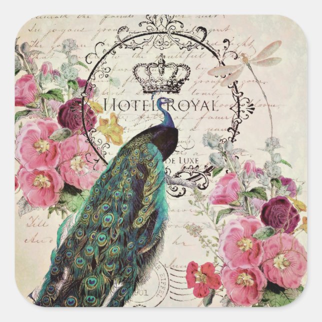 Pegatina Cuadrada Pavo y flores de primavera (Anverso)