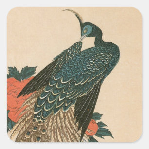 Pegatina Cuadrada Pavo y peonías por Hiroshige, arte japonés