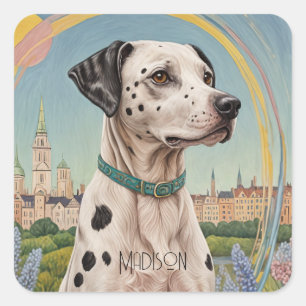 Pegatina Cuadrada Paws urbanos: Dalmación Pastel en la ciudad