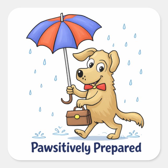 Pegatina Cuadrada Pawsitively Prepared – Cute Dog with Umbrella (Anverso)