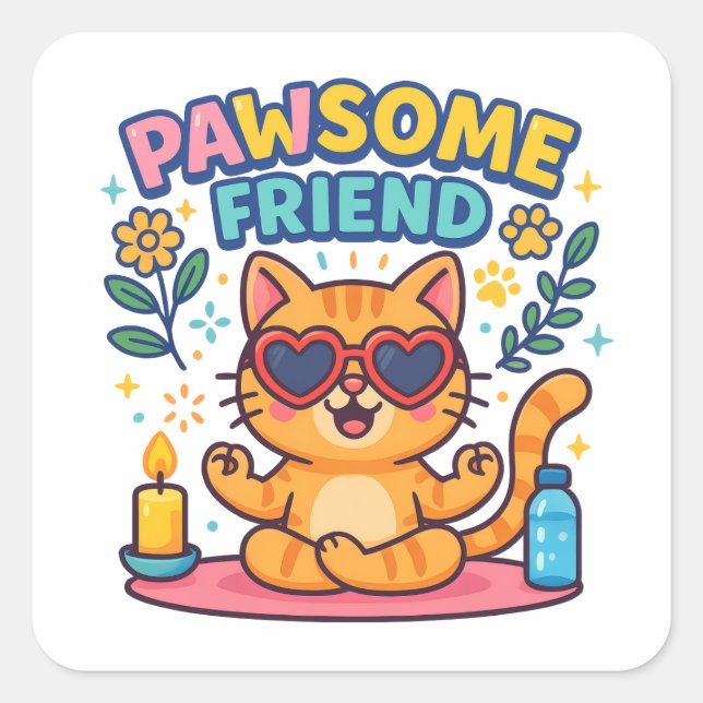 Pegatina Cuadrada Pawsome Friend Because Every Cat Deserves Love (Anverso)