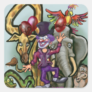 Pegatina Cuadrada Payaso de circo y animales