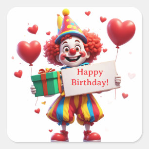 Pegatina Cuadrada Payaso de Cumpleaños Adorable Sosteniendo Letrero