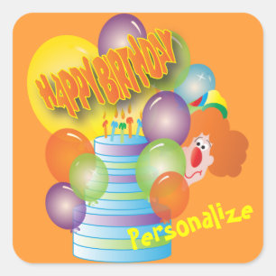 Pegatina Cuadrada Payaso de cumpleaños lindo Personalizado payaso pa