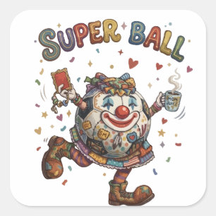 Pegatina Cuadrada Payaso de Super Balón Personaje Divertido de Fútb