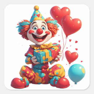 Pegatina Cuadrada Payaso Feliz Con Globos Y Regalo 🎂