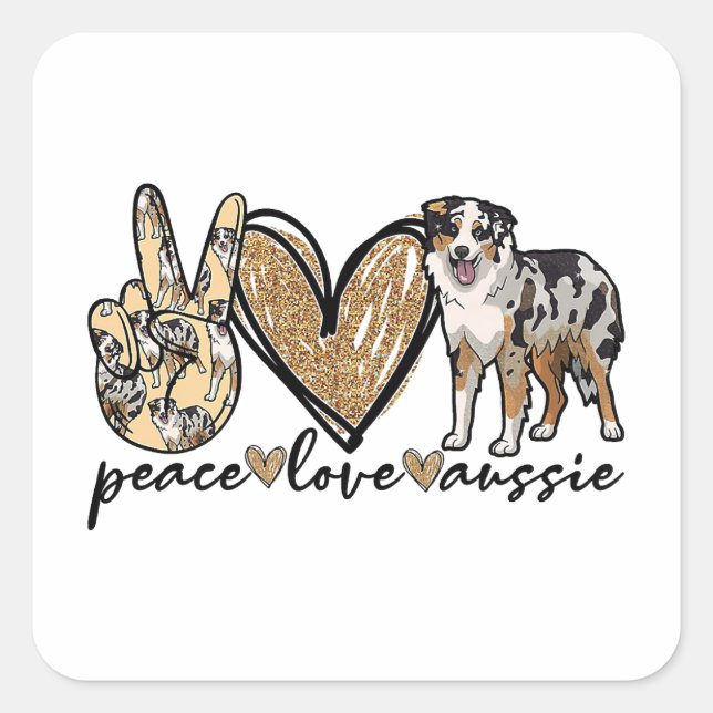 Pegatina Cuadrada Paz, amor, australiano, pastor australiano, Mascot (Anverso)