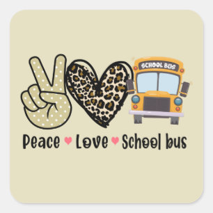 Pegatina Cuadrada Paz, amor, autobús escolar