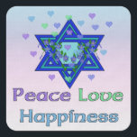 Pegatina Cuadrada Paz Amor Felicidad<br><div class="desc">Corazones,  Estrella de David,  y las palabras "Paz Amor Felicidad" son una encantadora manera de decir Feliz Hanukkah.</div>