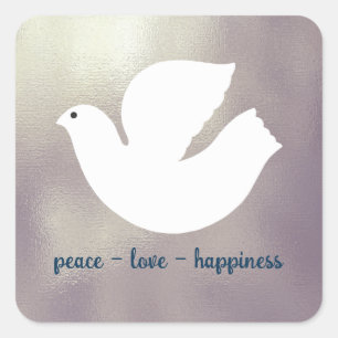Pegatina Cuadrada Paz, Amor, Felicidad Elegante Plata Dove vacacione