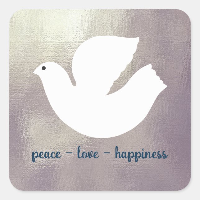 Pegatina Cuadrada Paz, Amor, Felicidad Elegante Plata Dove vacacione (Anverso)