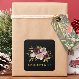 Pegatina Cuadrada Paz Amor y Alegría Bouquet de Invierno Negro Vacac