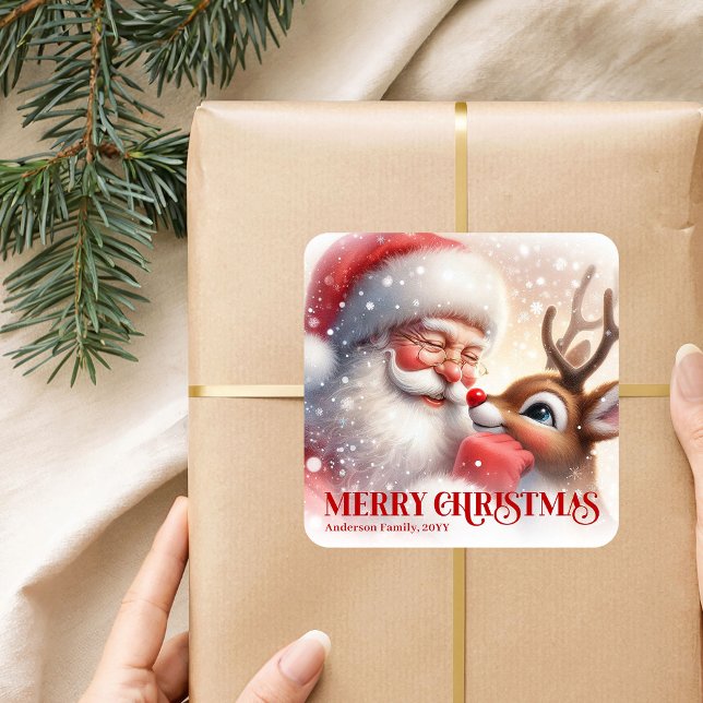 Pegatina Cuadrada Paz Personalizada Santa Rudolph Navidad  (Peaceful Personalized Santa Rudolph Christmas Sticker)