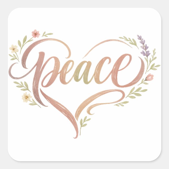 Pegatina Cuadrada Peace Heart Boho Hand Lettered (Anverso)