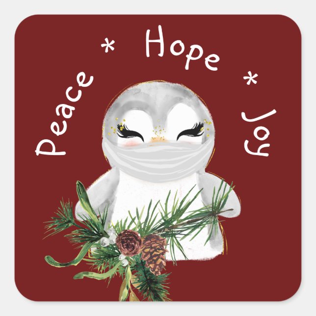 Pegatina Cuadrada Peace Hope Joy Masked Penguin (Anverso)