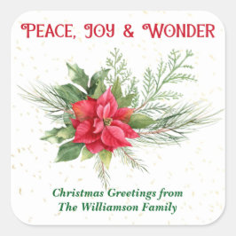 Pegatina Cuadrada Peace Joy & Wonder Red Poinsettia Christmas