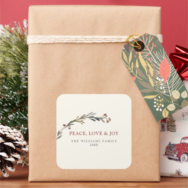 Pegatina Cuadrada Peace Love and Joy Red Berries Greenery Holiday (Vacaciones)