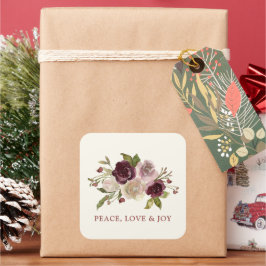 Pegatina Cuadrada Peace Love and Joy Winter Bouquet Black Holiday