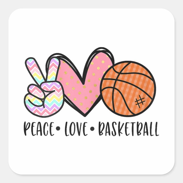 Pegatina Cuadrada Peace Love Basketball Heart for Women Adolescentes (Anverso)