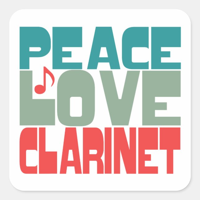 Pegatina Cuadrada Peace Love Clarinet (Anverso)