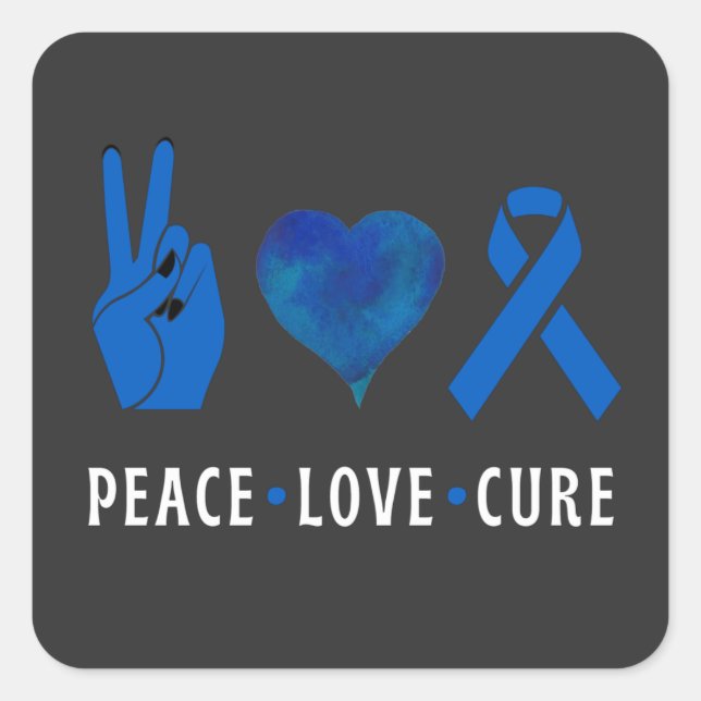 Pegatina Cuadrada Peace Love Cure , Colon Cancer Awareness T-Shirt (Anverso)