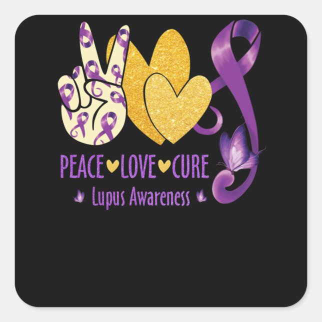 Pegatina Cuadrada Peace  Love  Cure Lupus Awareness Purple (Anverso)