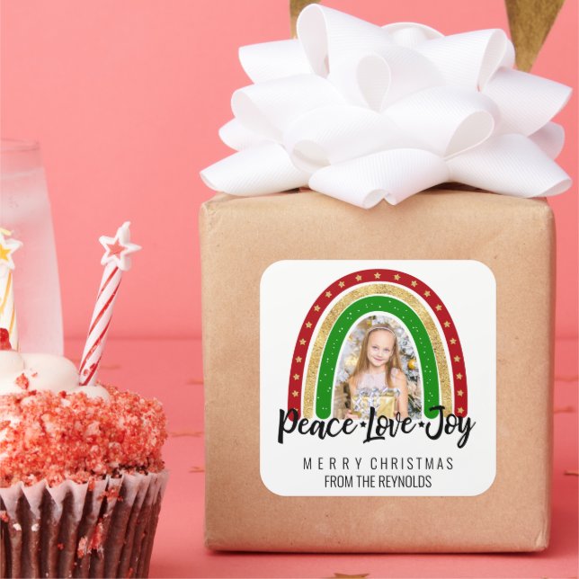 Pegatina Cuadrada Peace Love Joy Merry Christmas Rainbow Photo (Fiesta)