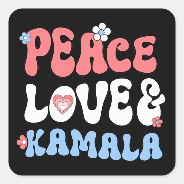 Pegatina Cuadrada Peace Love y Kamala Harris 2024 (Anverso)