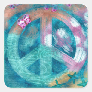 Pegatina Cuadrada Peace Sign Beach Resumen Arte Rosa Verde azulado
