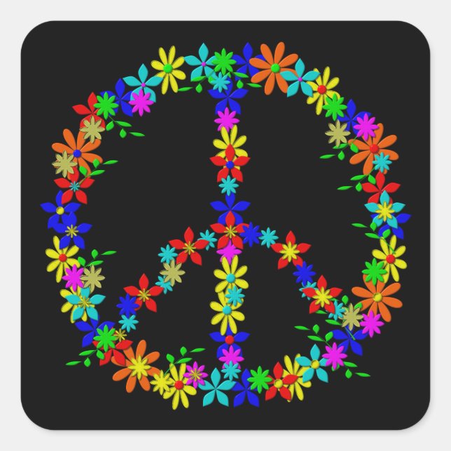 Pegatina Cuadrada Peace símbolo Flower Power (Anverso)